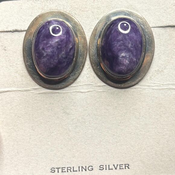 Sterling Silver Natural Purple Charoite Oval Cabochon Bezel Set Stud Earrings - Picture 2 of 5